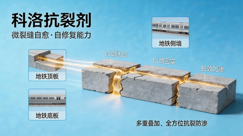 科洛抗裂剂，同时保护 底板 · 顶板 · 侧墙 —— 全方位抗裂防渗
